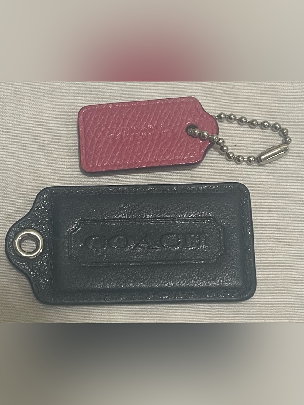 COACH large black Leather hang Tag , pink one for size only, silver chain inc